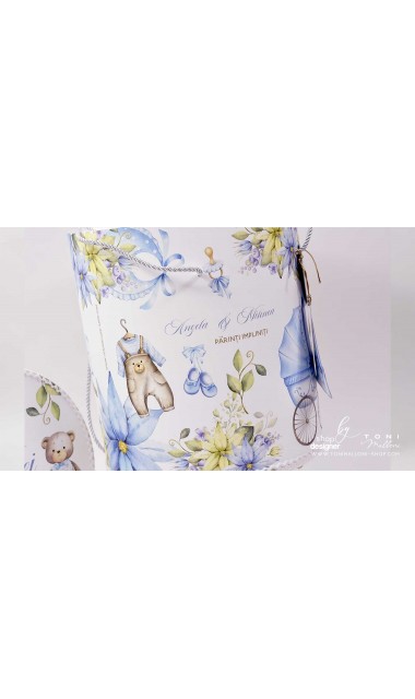 Trusou botez cu ursuleti ponei si flori albastre Teddy Bear Blue 26
